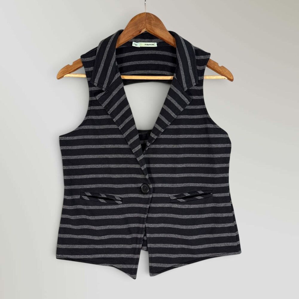 Maurice's Women's Black Gray Striped Vest Sleeveless Button Blazer Size Lrg